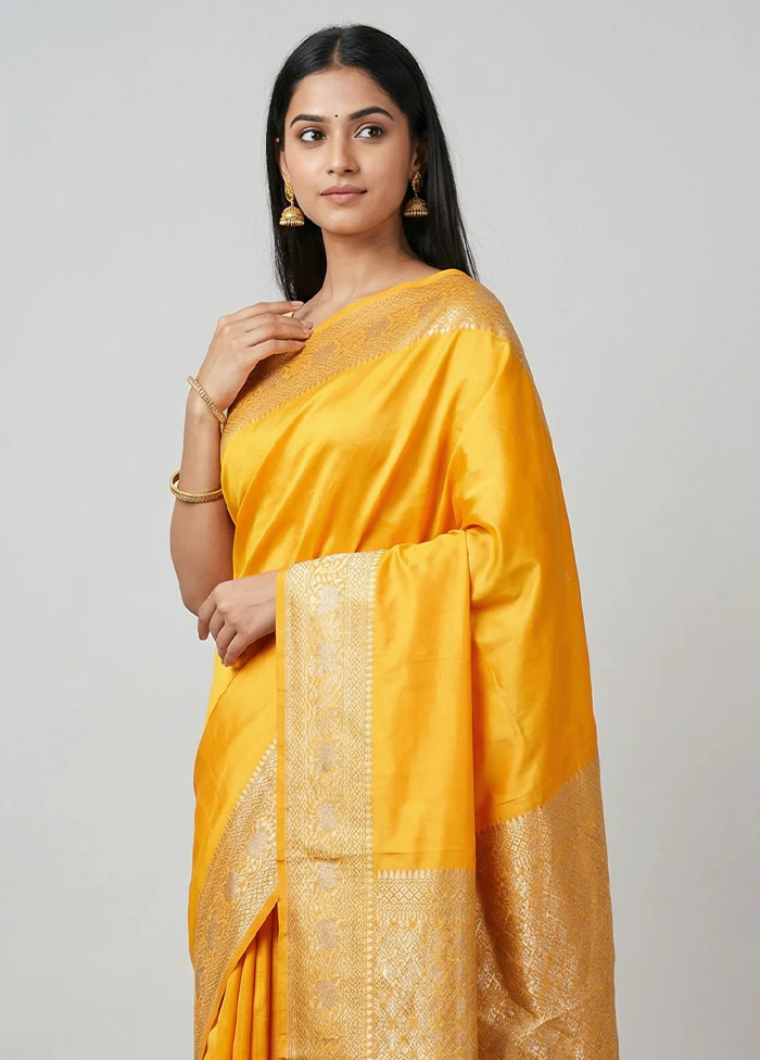 Yellow Katan Silk Saree With Blouse Piece - Image 2