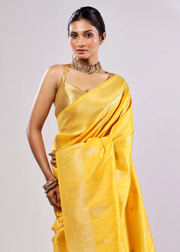 Yellow Katan Silk Saree With Blouse Piece - Image 2