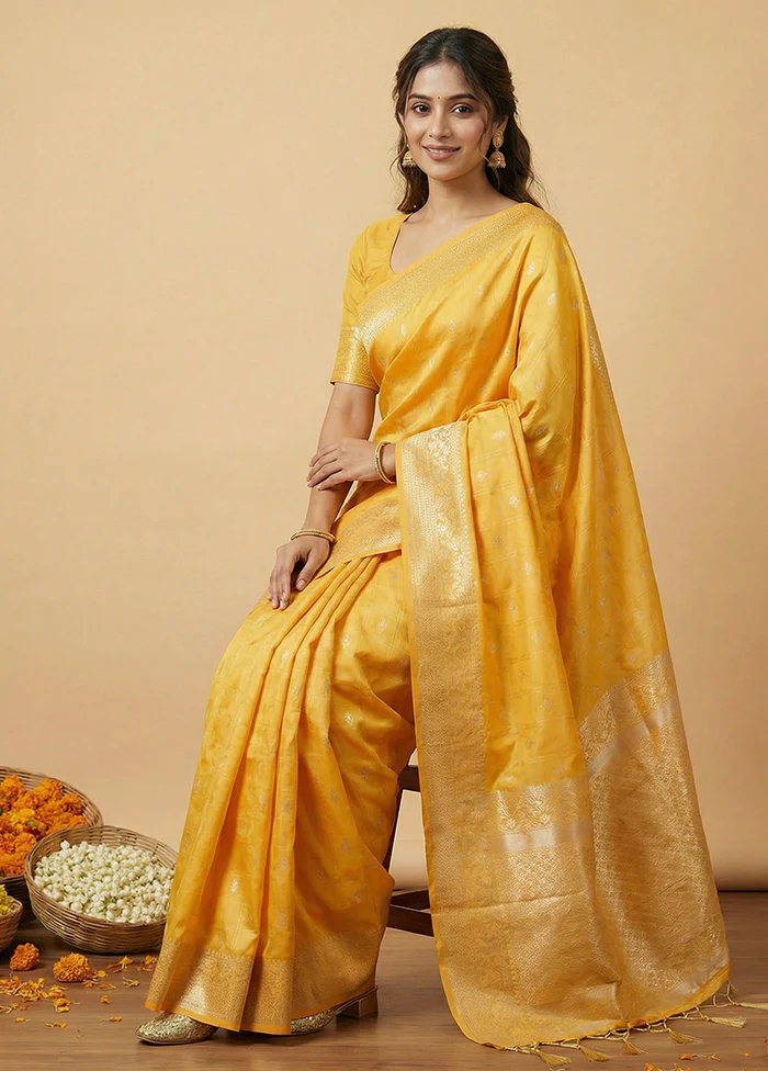 Yellow Katan Silk Saree With Blouse Piece - Image 3
