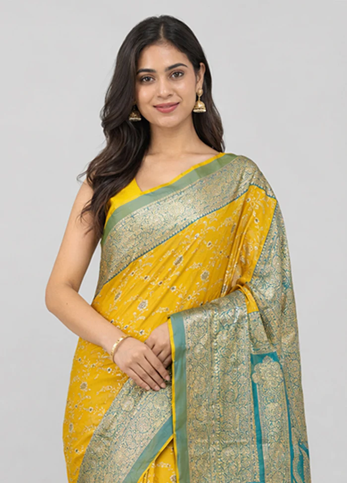 Yellow Katan Silk Saree With Blouse Piece - Image 2