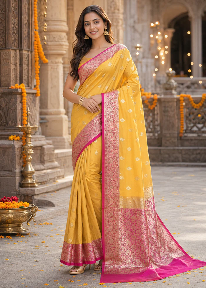 Yellow Katan Silk Saree With Blouse Piece