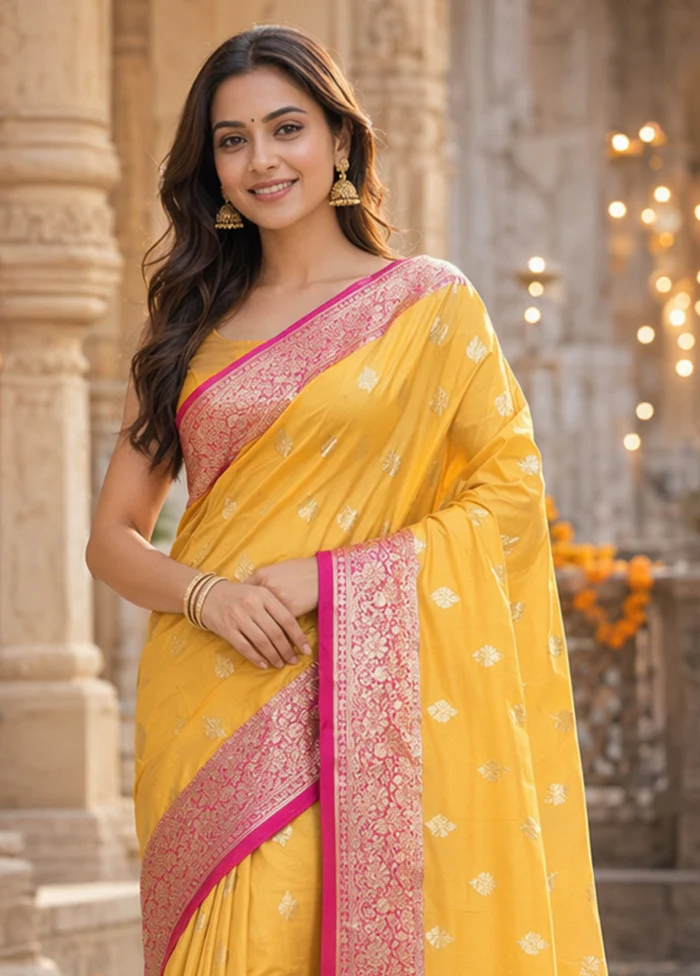 Yellow Katan Silk Saree With Blouse Piece - Image 2