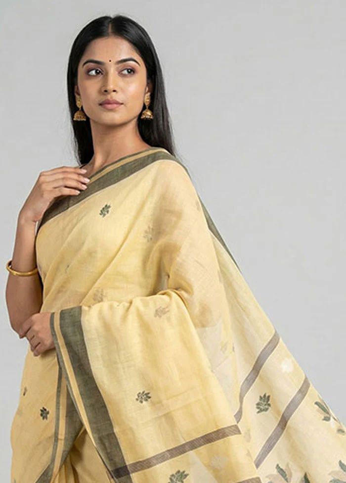 Yellow Khadi Cotton Saree With Blouse Piece - Image 2