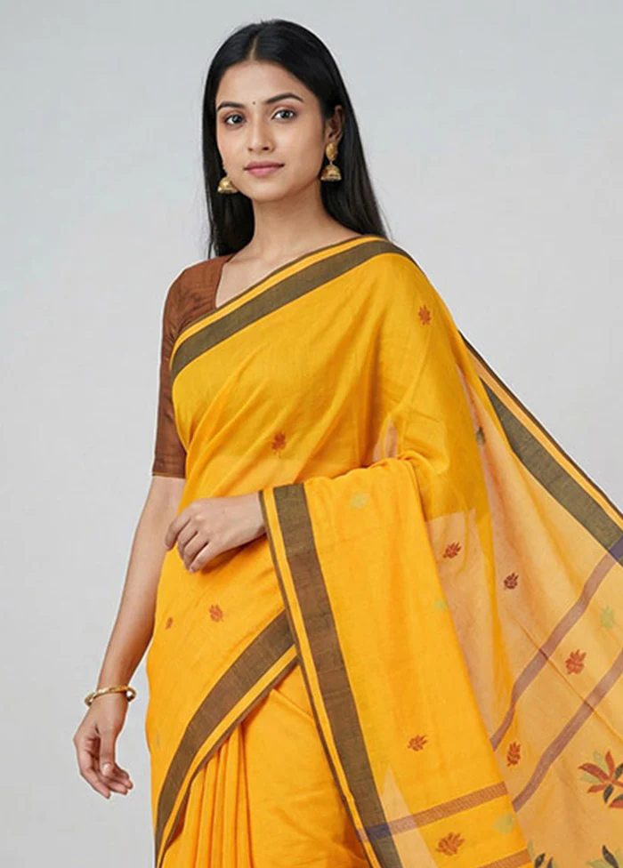 Yellow Khadi Cotton Saree With Blouse Piece - Image 2