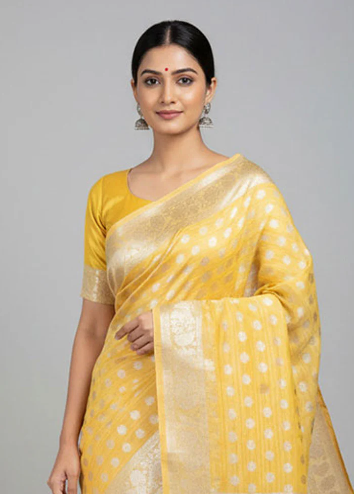 Yellow Kora Silk Saree With Blouse Piece - Image 2
