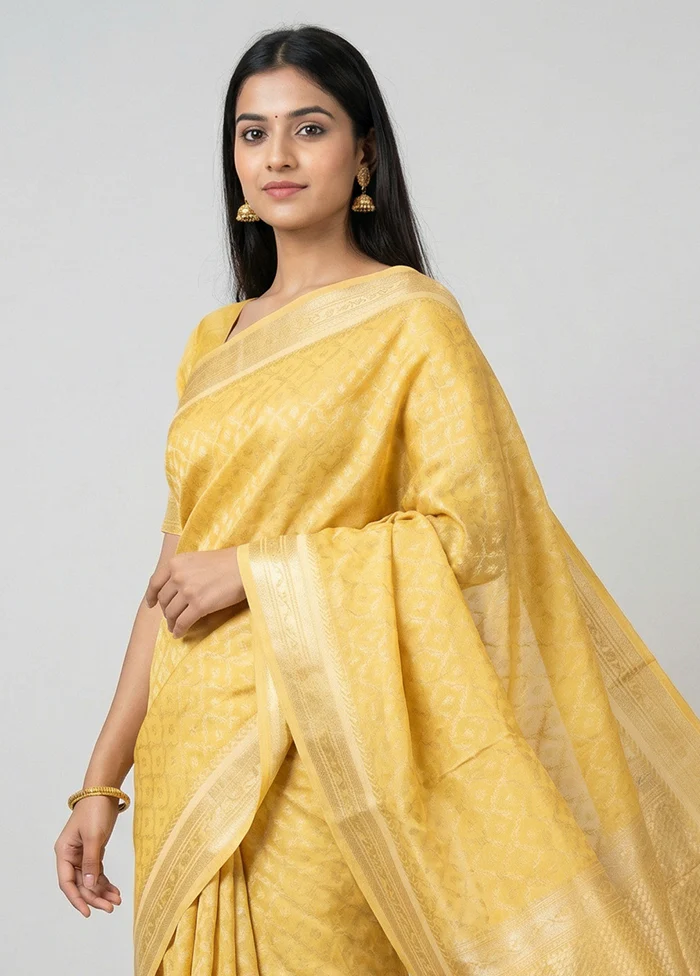 Yellow Kora Silk Saree With Blouse Piece - Image 2