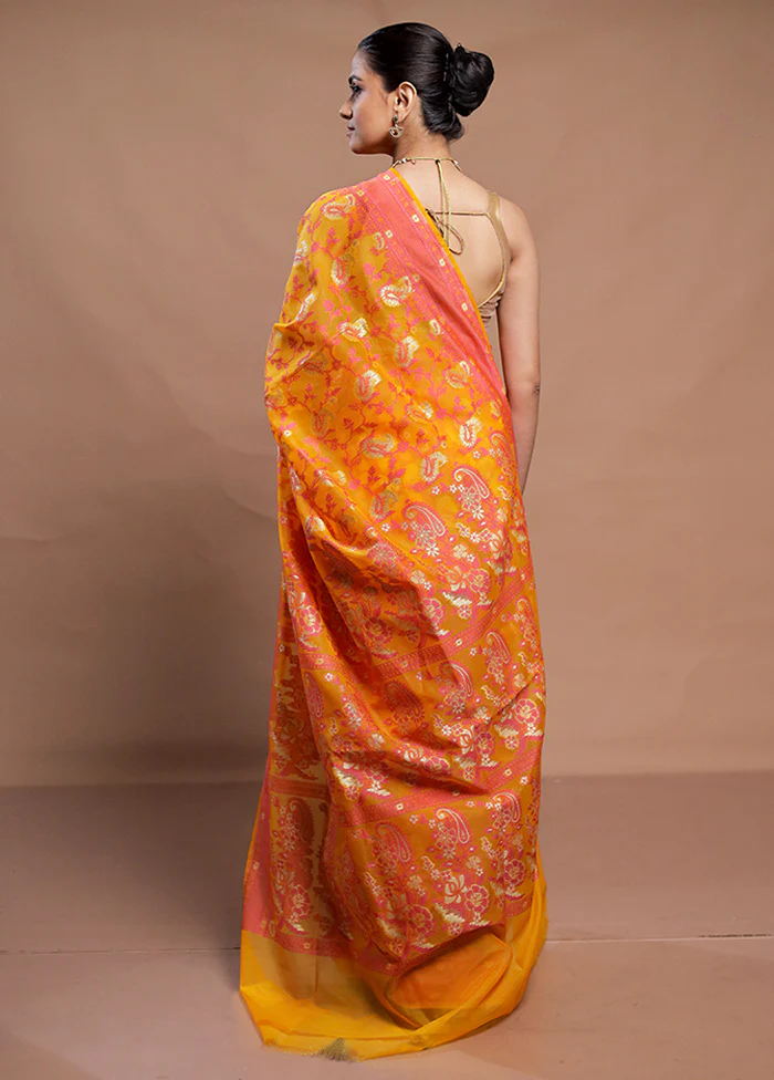 Yellow Kora Silk Saree With Blouse Piece - Image 3