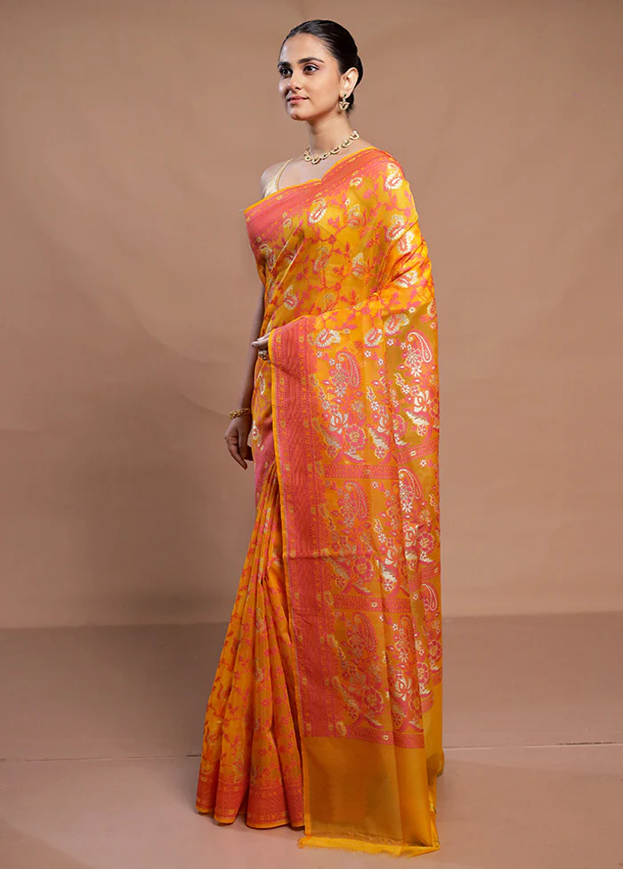 Yellow Kora Silk Saree With Blouse Piece - Image 4