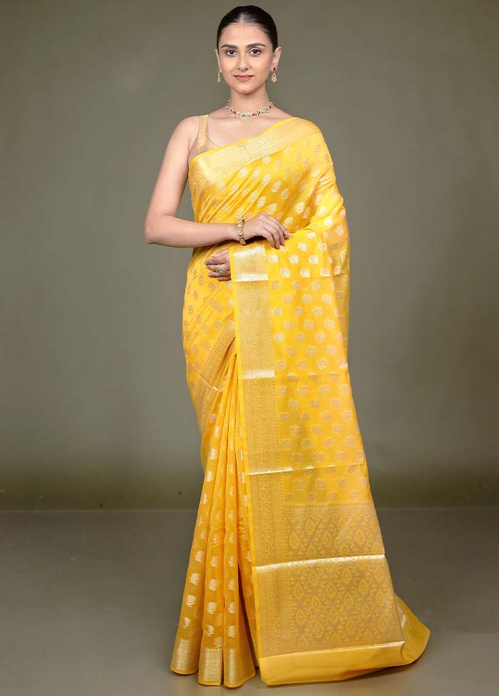 Yellow Kora Silk Saree With Blouse Piece - Image 2