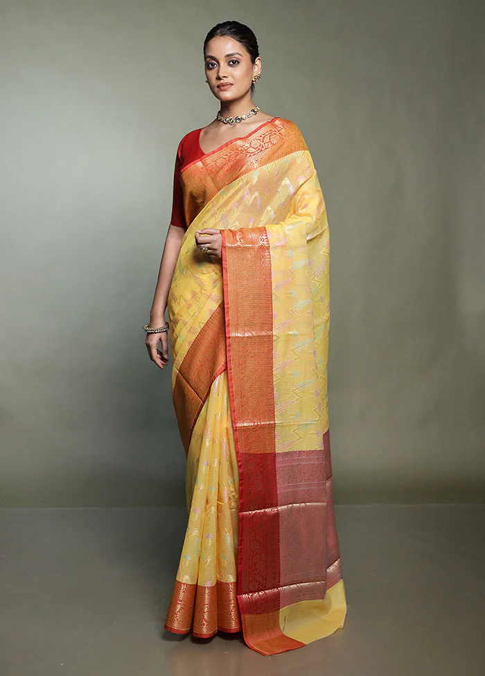 Yellow Kora Silk Saree With Blouse Piece - Image 2