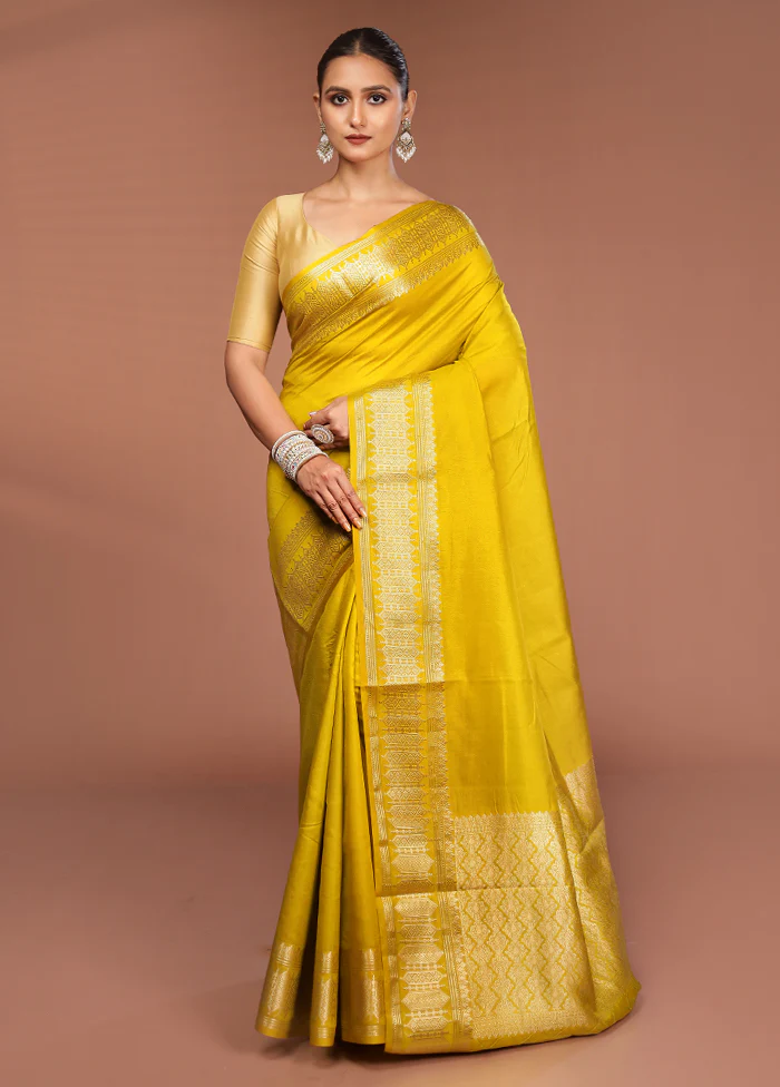 Yellow Kora Silk Saree With Blouse Piece - Image 2