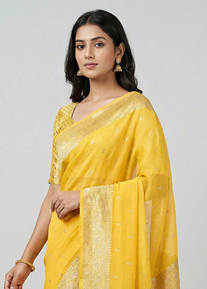 Yellow Kora Silk Saree With Blouse Piece - Image 2