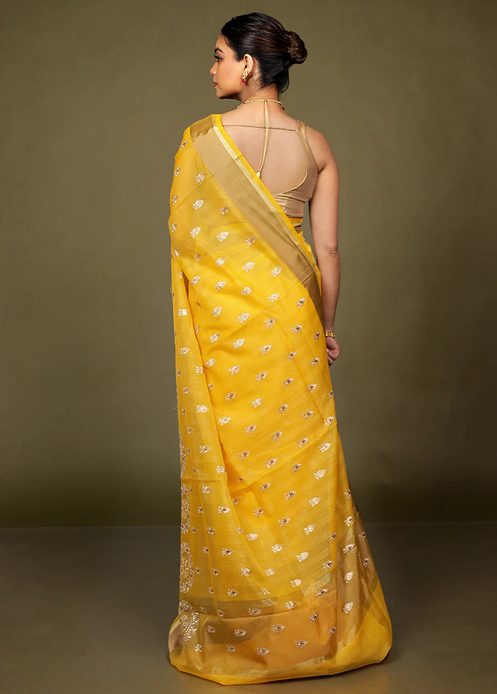 Yellow Kota Cotton Saree With Blouse Piece - Image 3