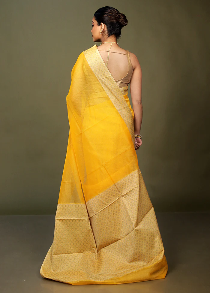 Yellow Kota Cotton Saree With Blouse Piece - Image 3