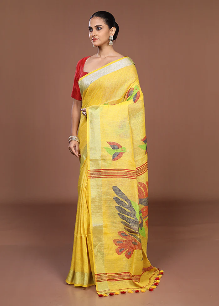 Yellow Linen Silk Saree With Blouse Piece - Image 4