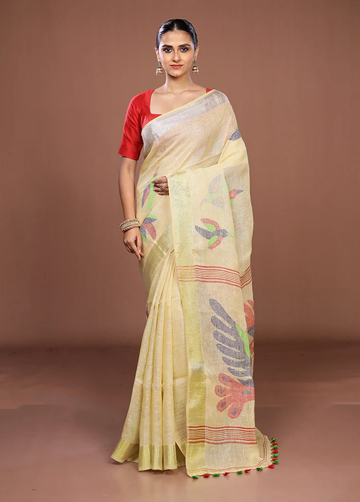 Yellow Linen Silk Saree With Blouse Piece - Image 2