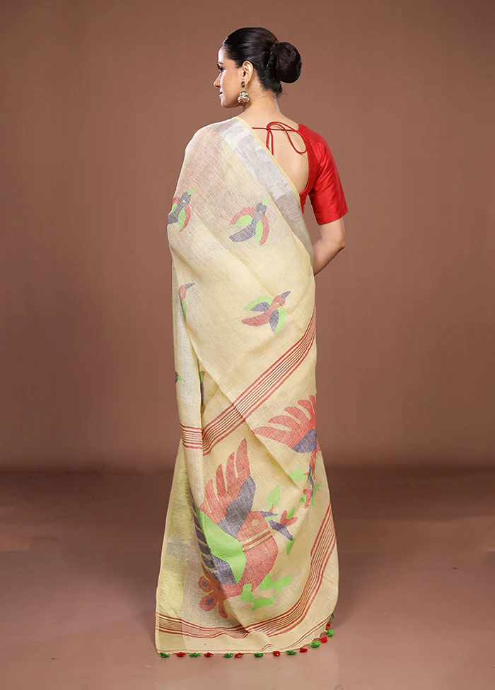 Yellow Linen Silk Saree With Blouse Piece - Image 3