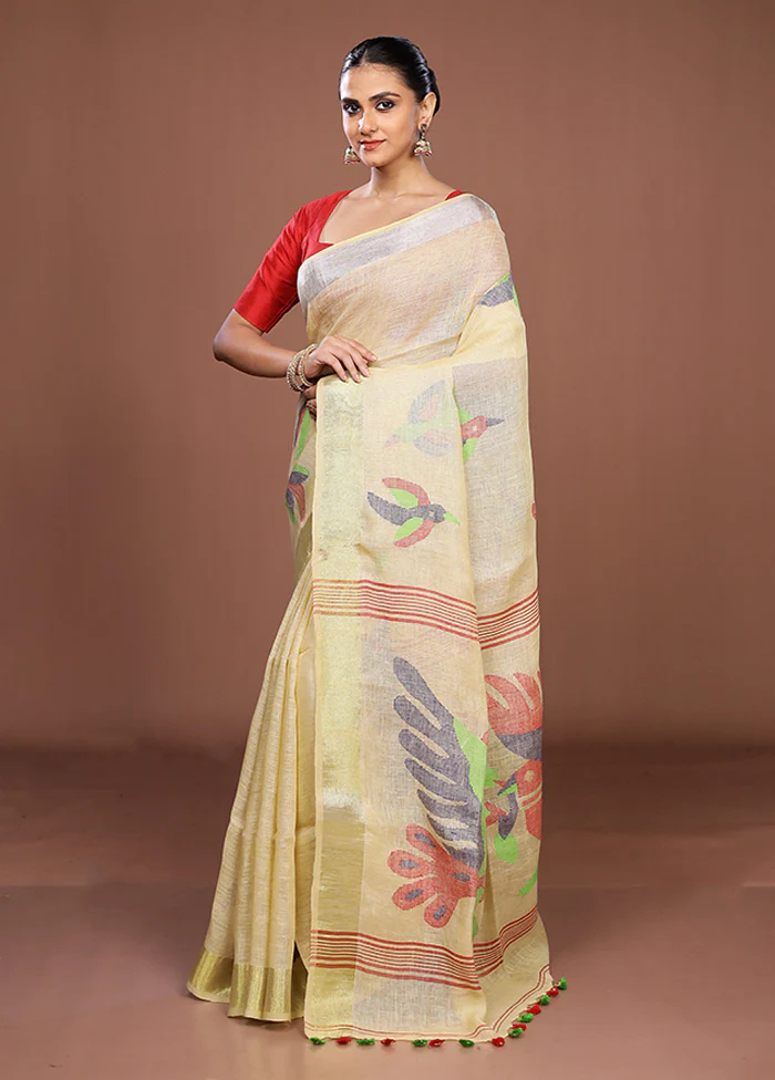 Yellow Linen Silk Saree With Blouse Piece - Image 4