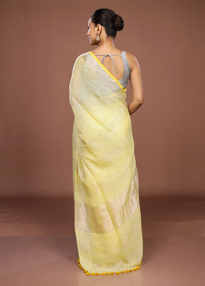 Yellow Linen Silk Saree With Blouse Piece - Image 3