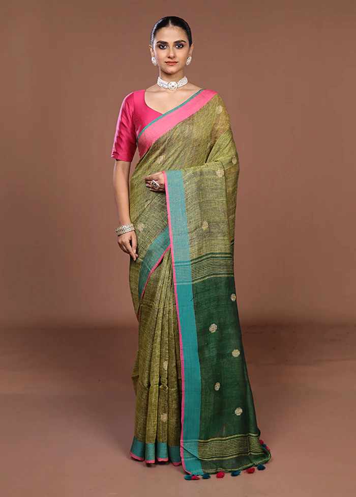 Yellow Linen Silk Saree With Blouse Piece - Image 2