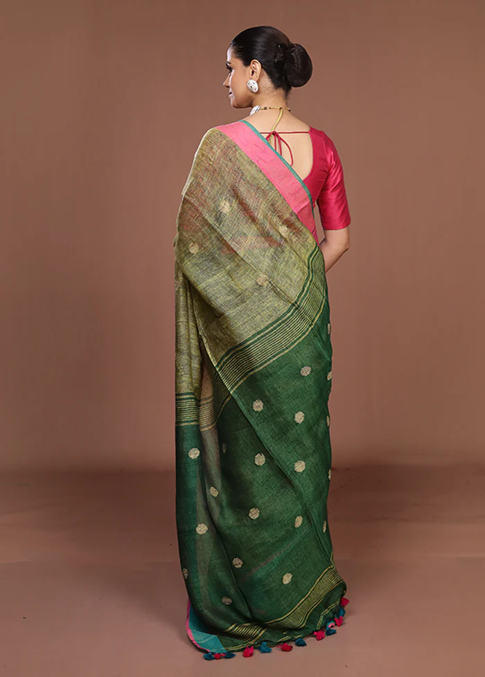 Yellow Linen Silk Saree With Blouse Piece - Image 3
