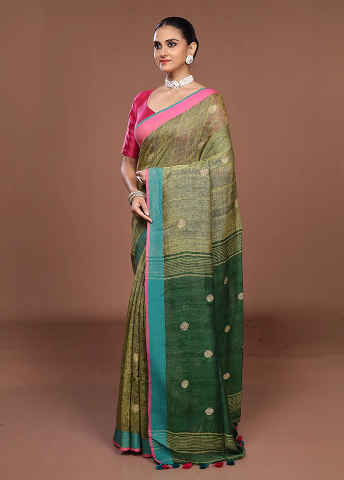 Yellow Linen Silk Saree With Blouse Piece - Image 4