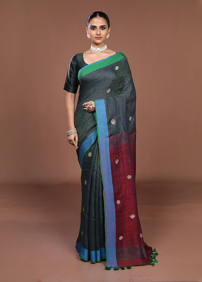Yellow Linen Silk Saree With Blouse Piece - Image 2