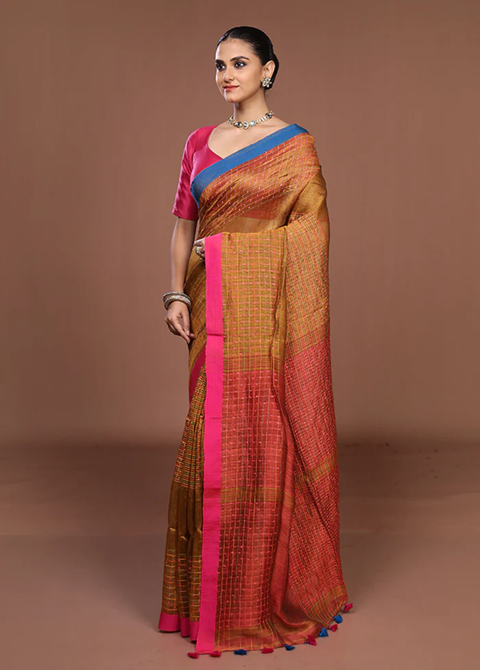 Yellow Linen Silk Saree With Blouse Piece - Image 4