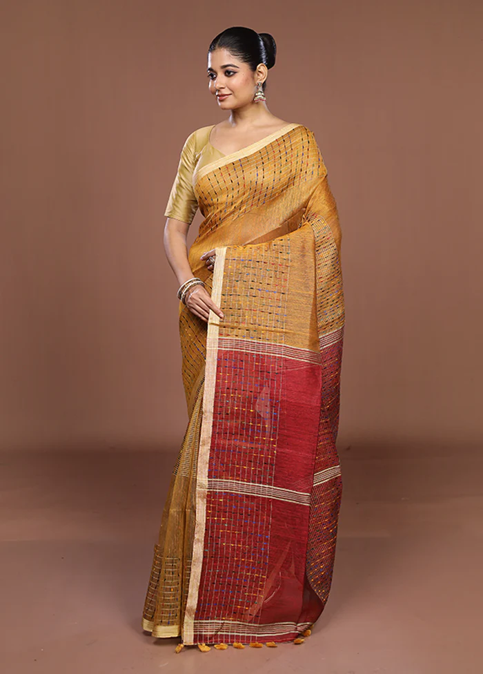 Yellow Linen Silk Saree With Blouse Piece - Image 4