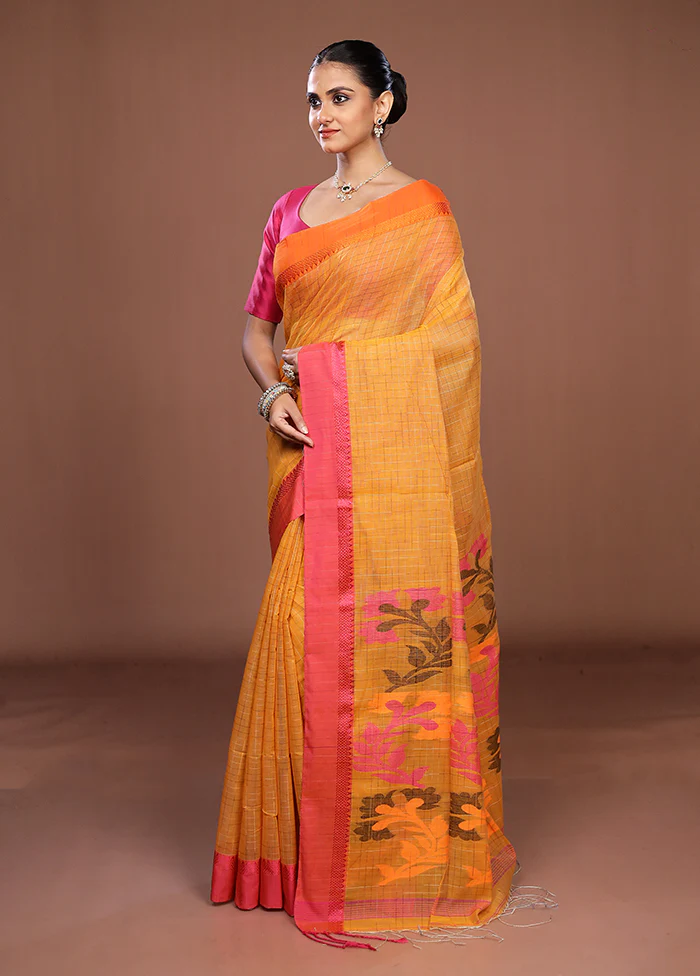 Yellow Matka Silk Saree With Blouse Piece - Image 4