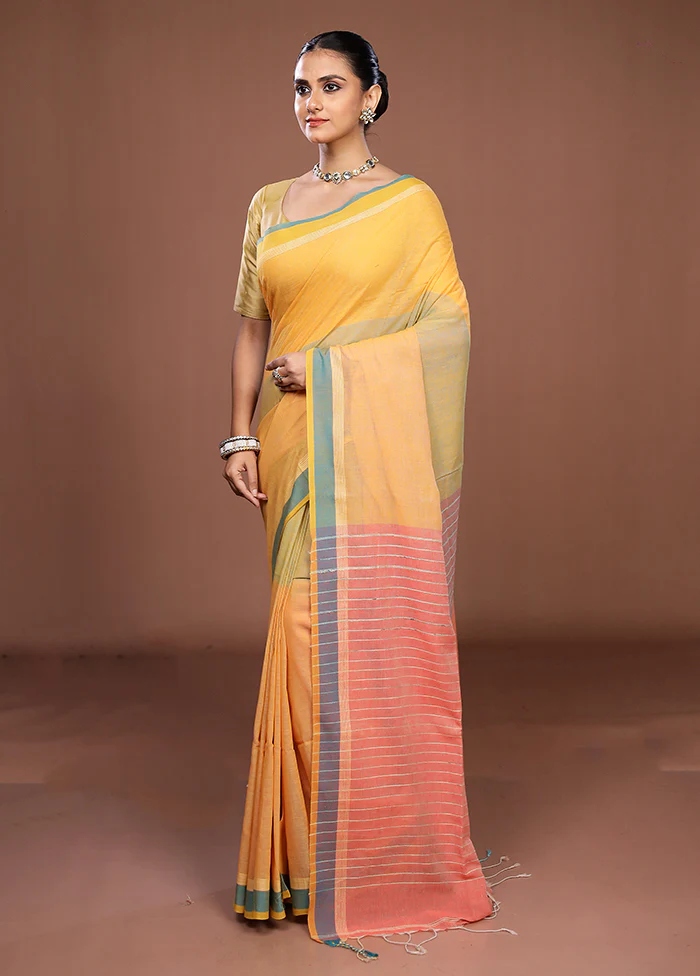 Yellow Matka Silk Saree With Blouse Piece - Image 4