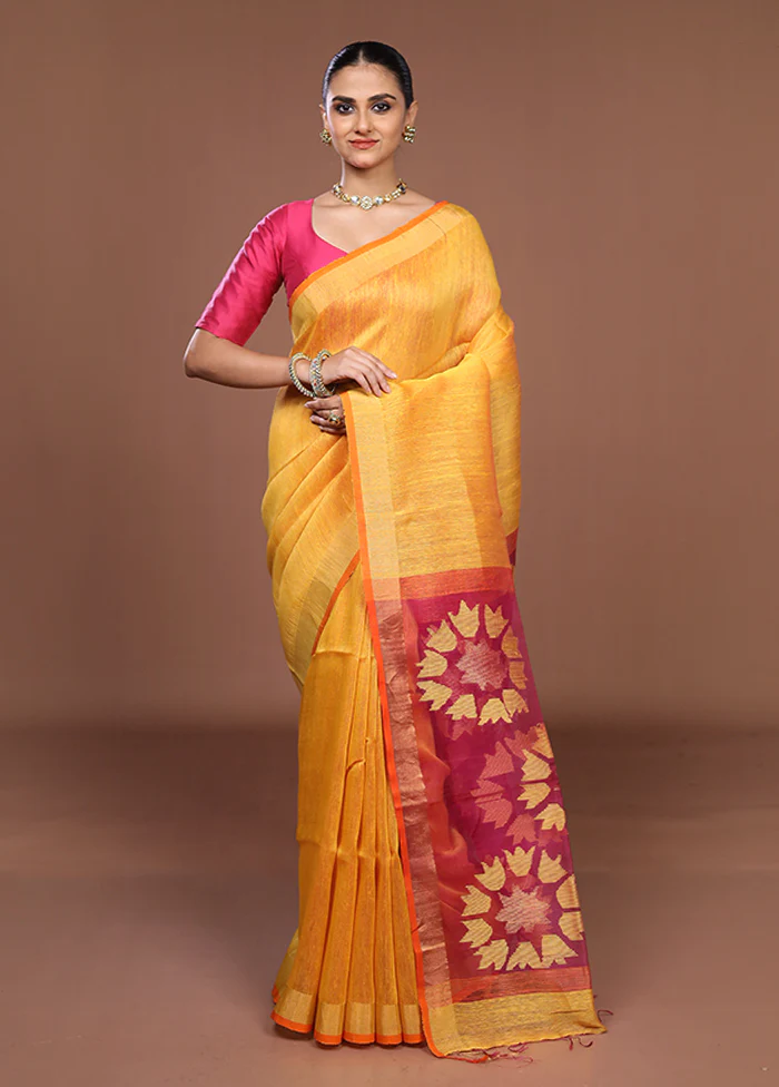 Yellow Matka Silk Saree With Blouse Piece - Image 2