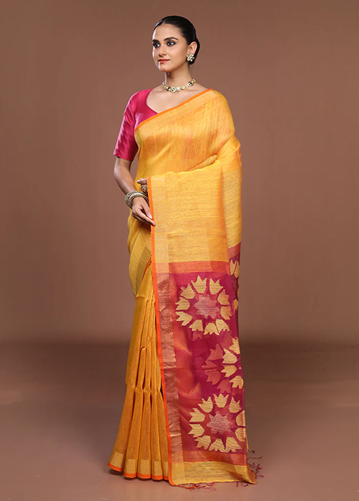 Yellow Matka Silk Saree With Blouse Piece - Image 4