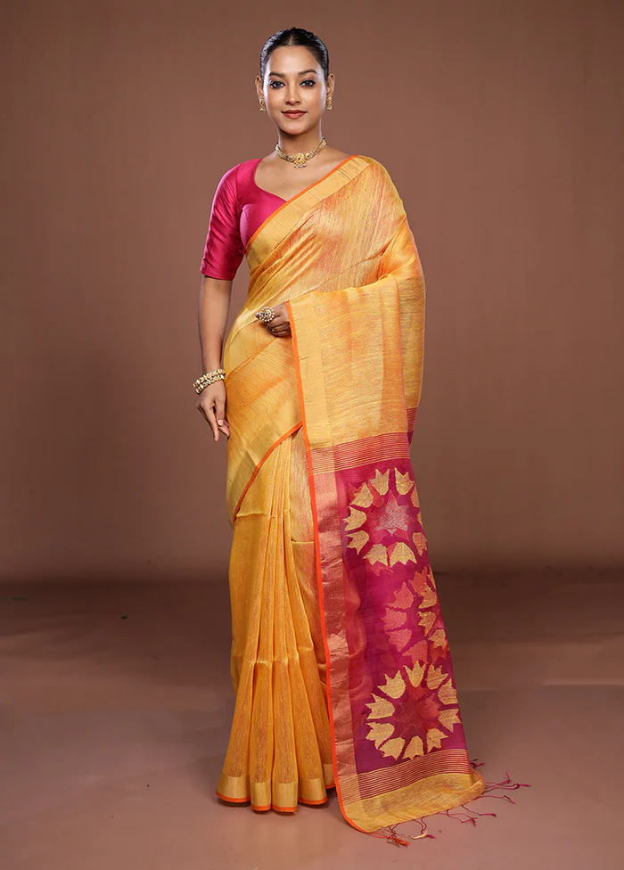 Yellow Matka Silk Saree With Blouse Piece - Image 2