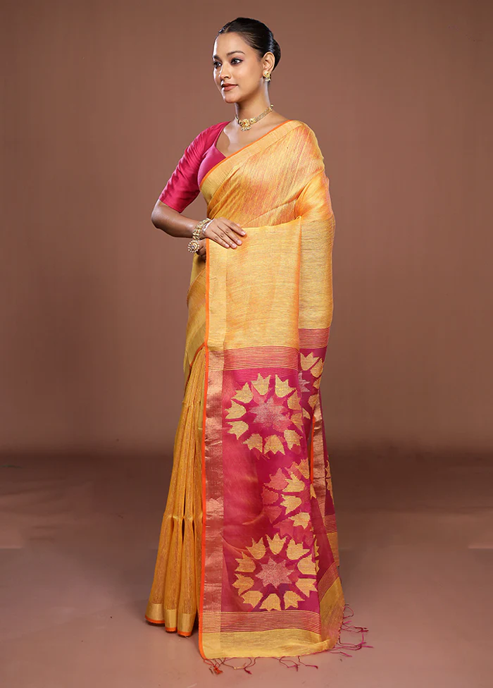 Yellow Matka Silk Saree With Blouse Piece - Image 4