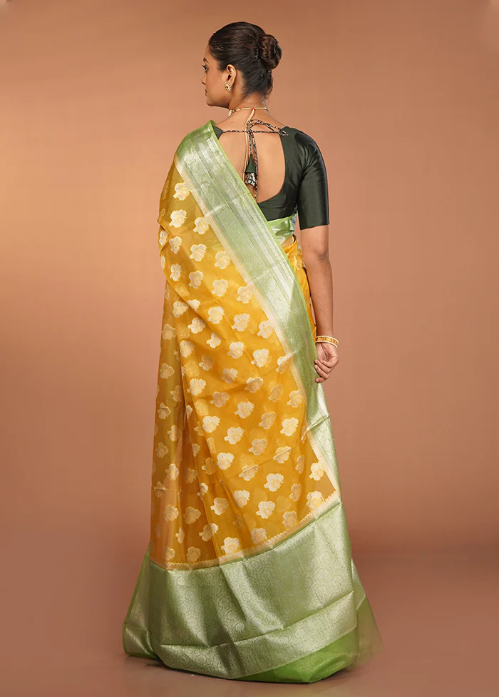 Yellow Organza Saree With Blouse Piece - Image 3