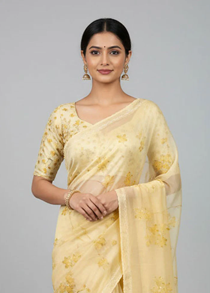 Yellow Organza Saree With Blouse Piece - Image 2
