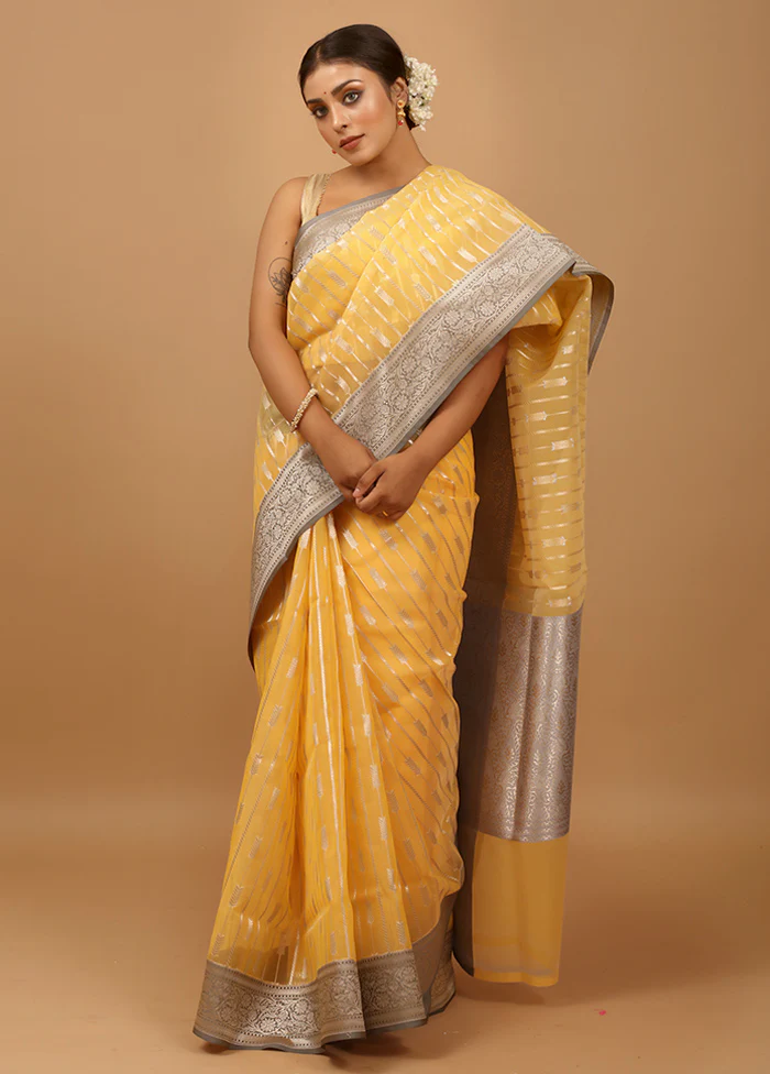 Yellow Organza Saree With Blouse Piece - Image 2