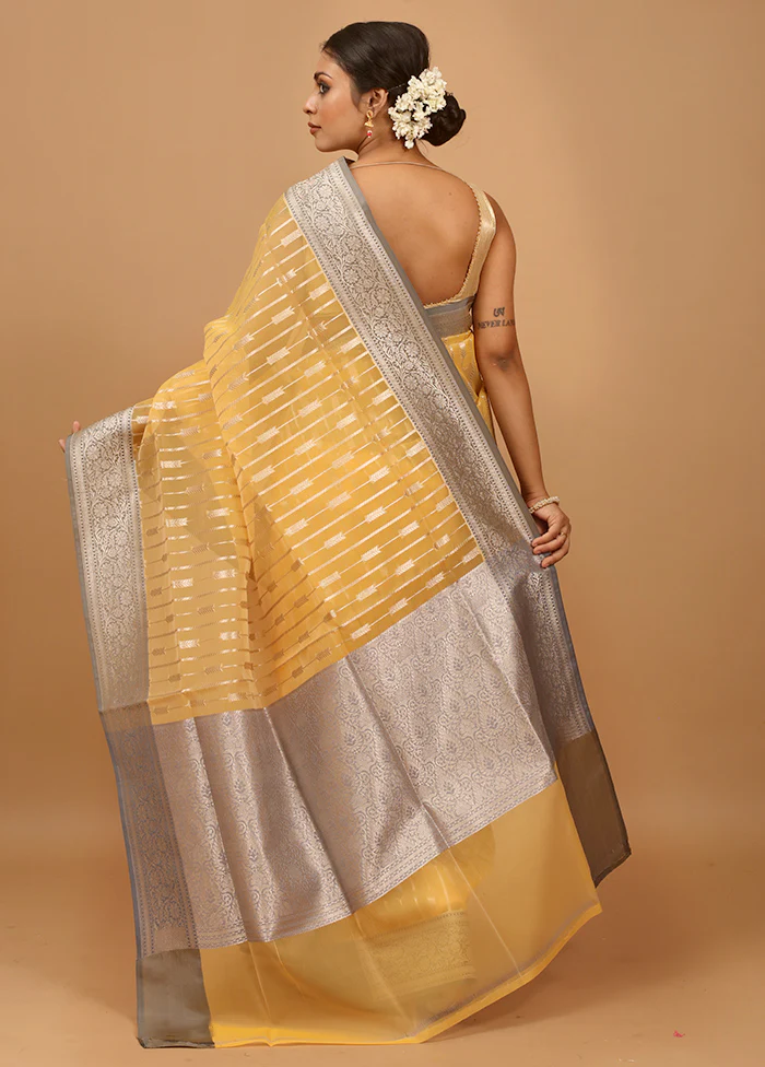 Yellow Organza Saree With Blouse Piece - Image 3