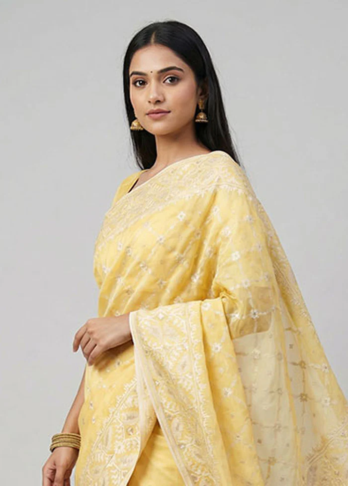 Yellow Organza Saree With Blouse Piece - Image 2