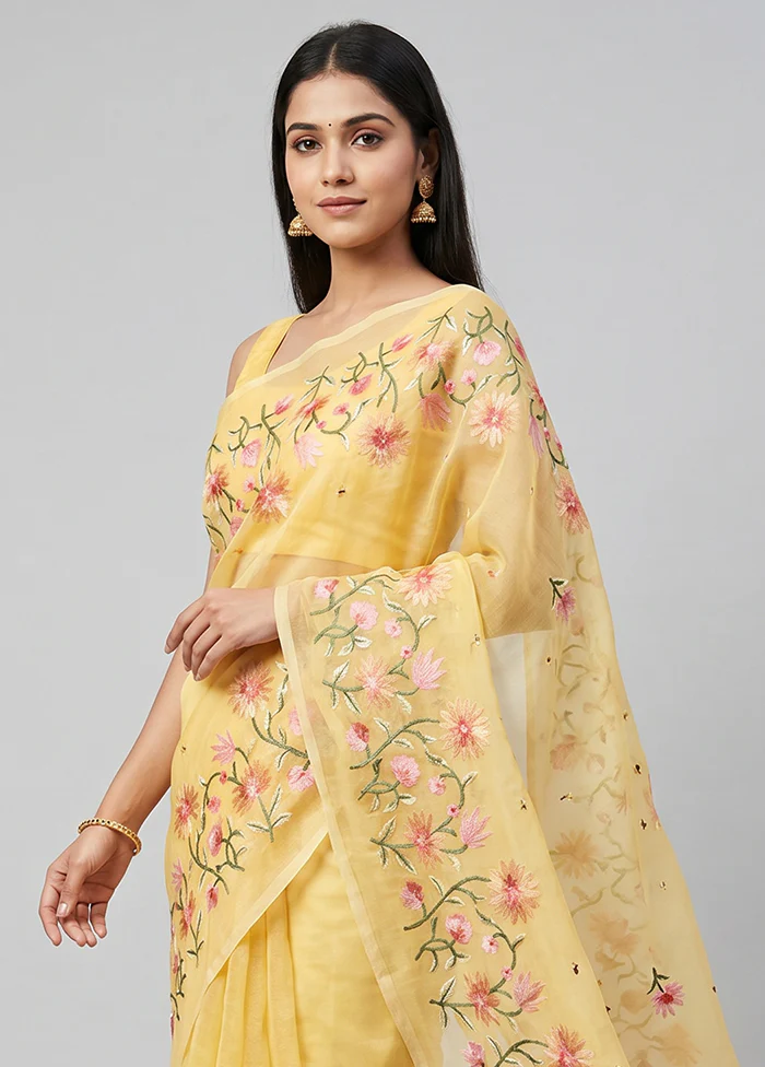 Yellow Organza Saree With Blouse Piece - Image 2