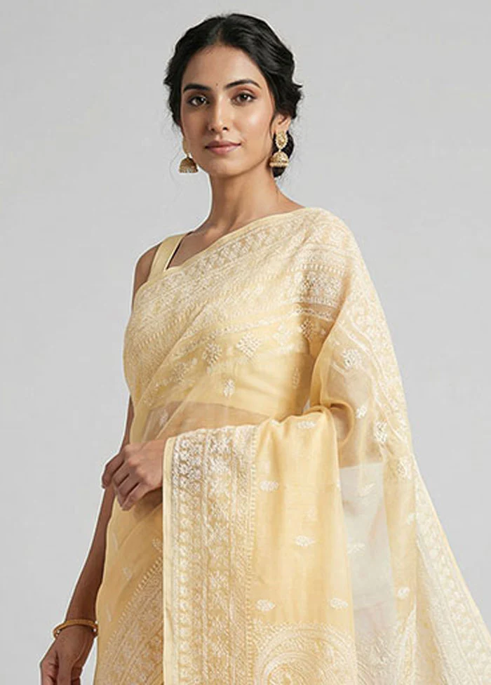 Yellow Organza Saree With Blouse Piece - Image 2
