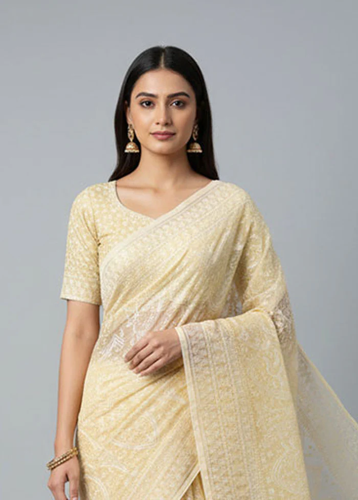 Yellow Organza Saree With Blouse Piece - Image 2
