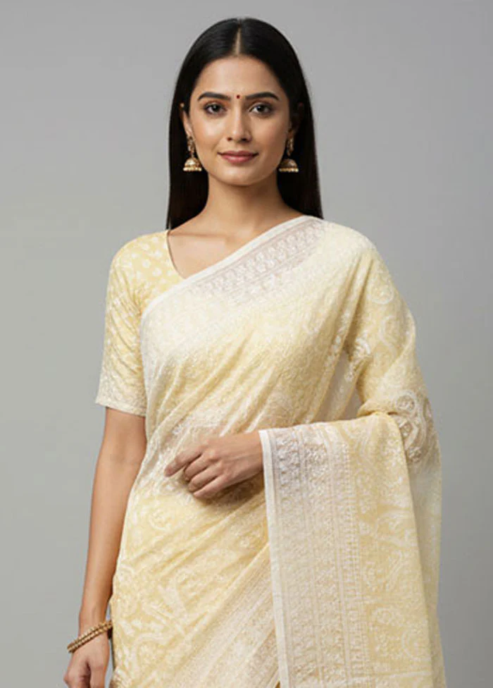 Yellow Organza Saree With Blouse Piece - Image 2