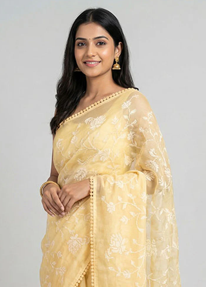 Yellow Organza Saree With Blouse Piece - Image 2