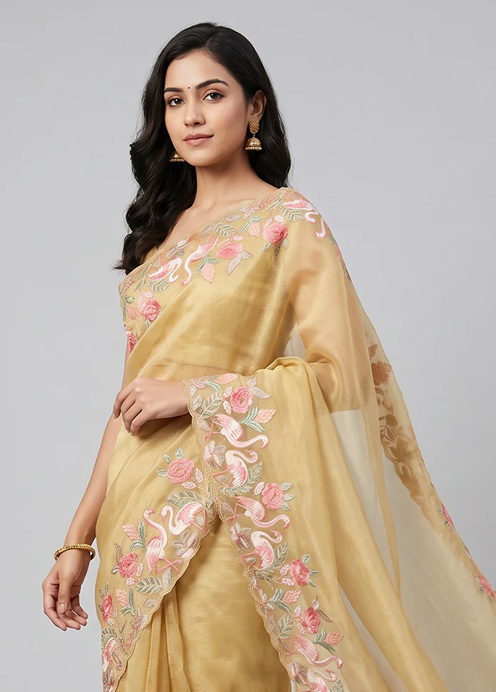 Yellow Organza Saree With Blouse Piece - Image 2
