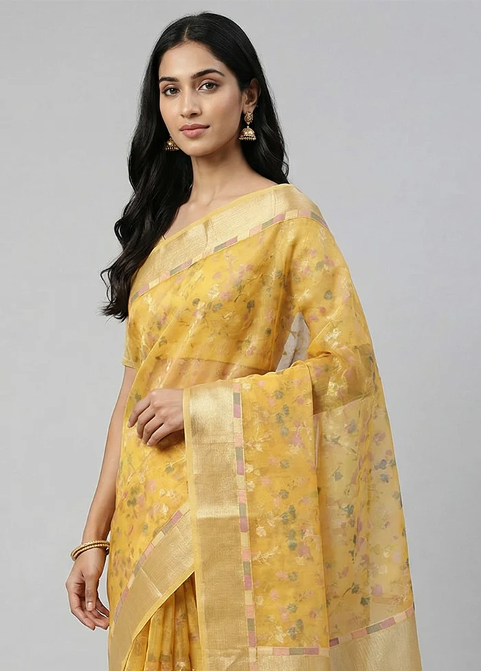 Yellow Organza Saree With Blouse Piece - Image 2