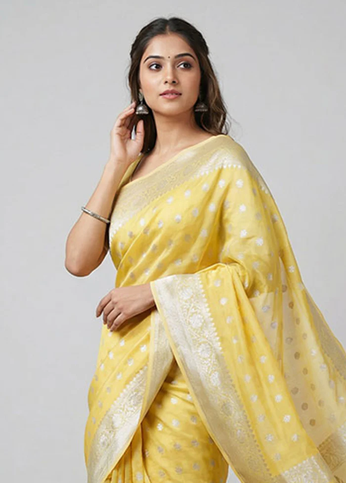 Yellow Organza Saree With Blouse Piece - Image 2