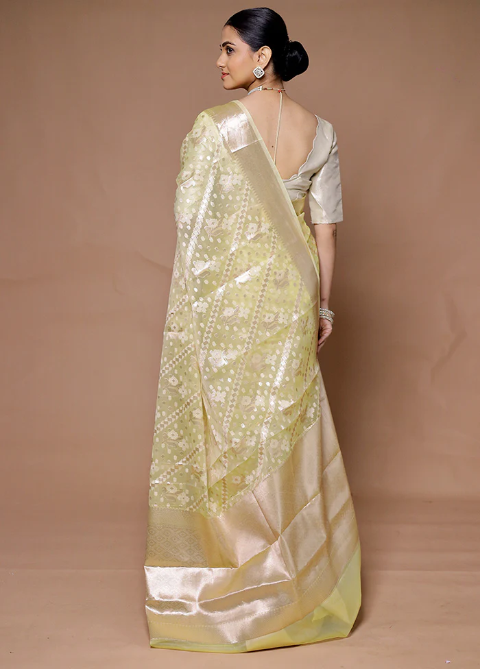 Yellow Organza Saree With Blouse Piece - Image 3