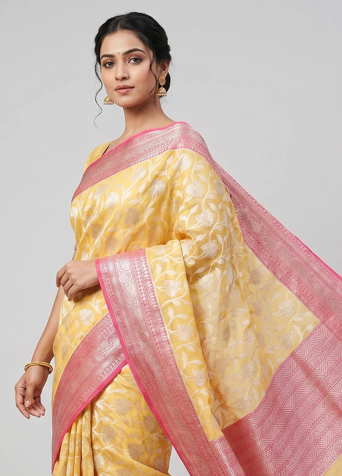 Yellow Organza Saree With Blouse Piece - Image 2